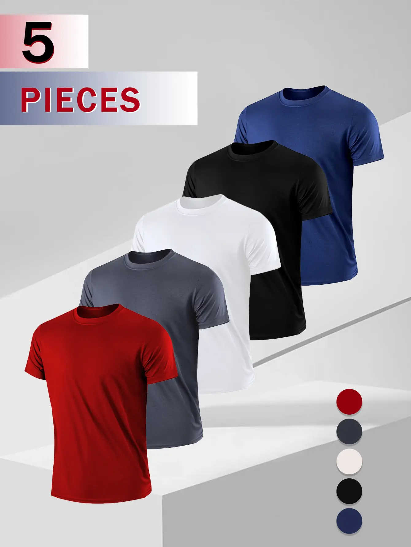 5pcs Men's Solid Color Quick-Dry Ultra-Thin Breathable Short-Sleeve Crew Neck Athletic Apparel - Sport Tee, Activewear Workout Gear Short Sleeve Tops for Gym Fitness Training, Spring Summer