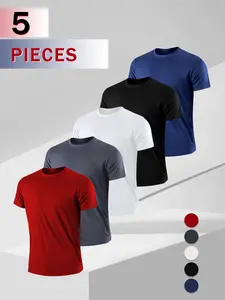 5pcs Men's Solid Color Quick Dry Ultra-thin Breathable ShortSleeve Crew Neck Comfortable T Shirt Suitable for GymFitness Training, Spring and Summer Fathersdaygift