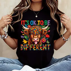 It's Ok To Be Different Cow  Puzzle Pieces And Flowers Print Tshirt White Crewneck Casual Wear For Everyday And Autism Awareness