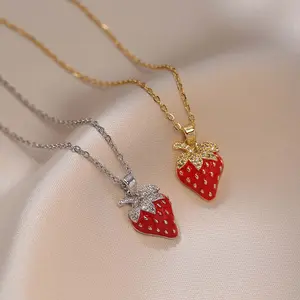 Strawberry zircon geometric pendant texture titanium steel necklace female couple gift for girlfriends