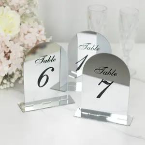 Wedding Table Numbers 1-10 – Silver Mirror Arch Acrylic with Black Print & Stands for Elegant Receptions - 6"x7"