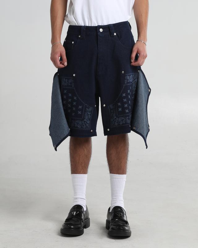 Double Knee Paisley Denim Shorts