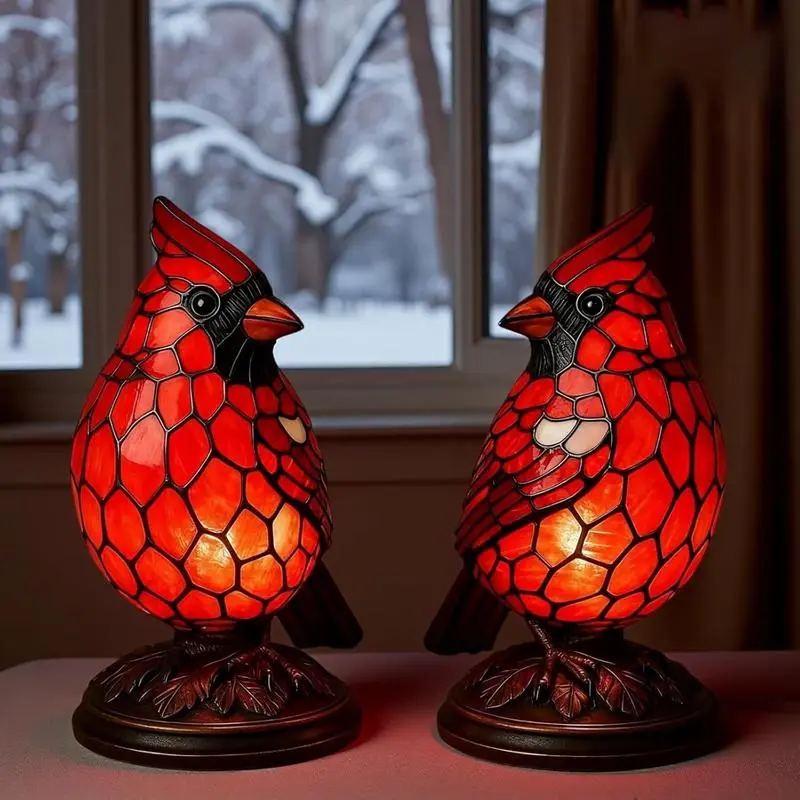 Traditional Hand-Painted Resin Cardinal Bird Statue Lamp, Christmas Ornaments, Home Decor Gift for Bedroom Living Room Bedside