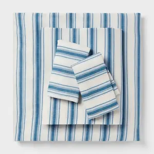 Full Cotton Blend Sateen Sheet Set Ivory/Navy Textured Stripe - Room Essentials