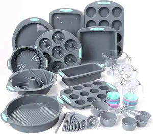 54 Pieces Silicone Baking Pans Set, 10 Silicone Cake Molds, Loaf Pan and Muffin Pans, Non-Stick Baking Cup, with  Measuring Cups and Spoons Set, Grey, Christmas Set