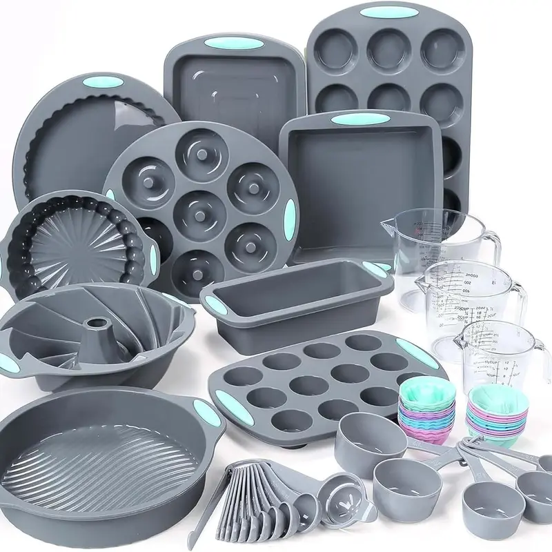 54 Pieces Silicone Baking Pans Set, 10 Silicone Cake Molds, Loaf Pan and Muffin Pans, Non-Stick Baking Cup, with  Measuring Cups and Spoons Set, Grey, Christmas Set, Bakeware