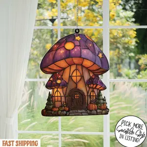 Whimsical Mushroom House Acrylic Suncatcher, Window Hanging with Purple Cap