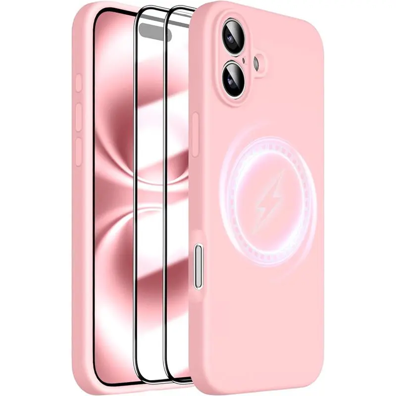 Magnetic for iPhone 16 Plus case,with 2× Screen Protector,Upgrade Liquid Silicone,Upgrade Camera Protection,Military-Grade Drop Shockproof Protective Slim Cover 6.7 inch (Pink) Accessories Handheld Phonecase Smartphone Cellphone Casing