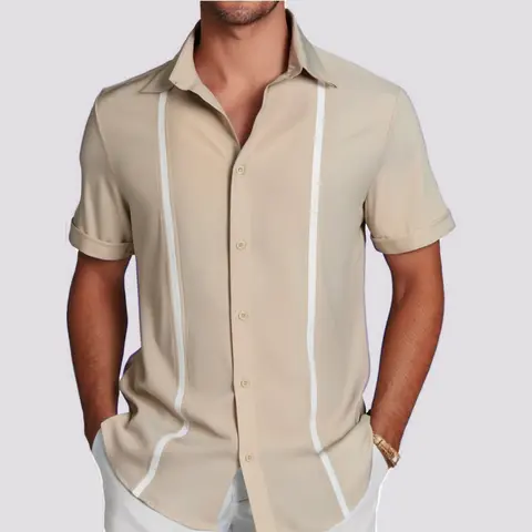 Coofandy Men's Collared Neck Pick-Stitch Panel Short-Sleeve Button-Down Shirt - Tropical Casual Linen-Cotton Breathable Top, Party Ready, Great for Beach, Party, Dates, Cold Wash