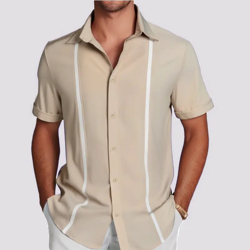 Coofandy Men's Collared Neck Pick-Stitch Panel Short-Sleeve Button-Down Shirt - Tropical Casual Linen-Cotton Breathable Top, Party Ready, Great for Beach, Party, Dates, Cold Wash