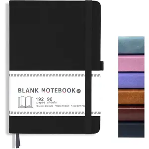 Blank Journal Notebook, A5, 192 Pages 100 GSM Thick Sketch Book for Women Men, Hardcover Leather Unlined Journaling for Work, Notebooks for Writing, 5.8 inches x 8.5 inches (Black)