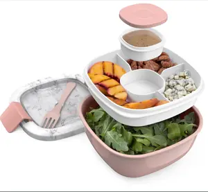 Salad Container - 54 oz Bowl with 4-Compartment Toppings Tray, Dressing Container, Reusable Fork, BPA-Free Lunch Box