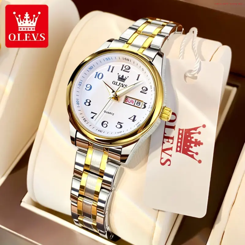 Fashion Brand OLEVS Watches for Women Business Dress Two Tone Gold Plated Stainless Steel Analog Quartz Digital Date Waterproof Luminous Ladies Wrist Watches Relojes para Mujer
