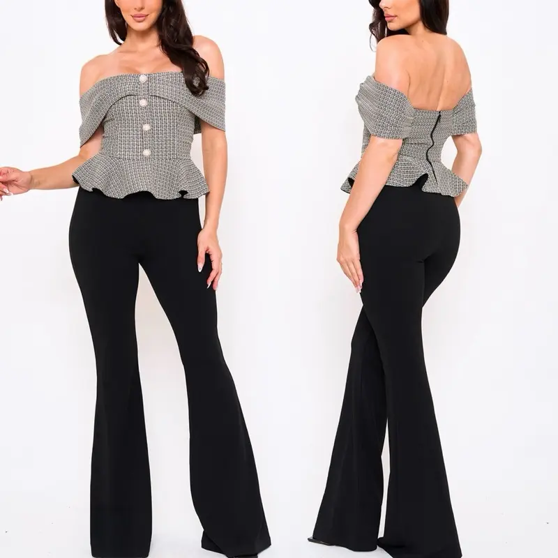 Women's Elegant Comfortable Fitted Pleated Tweed Off-Shoulder Peplum Top Overall, Black, Button-Accented Zipper-Style Clothes
