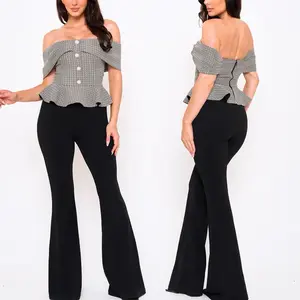 S24-97 Tweed off shoulder pepplum top Jumpsuit Black Color