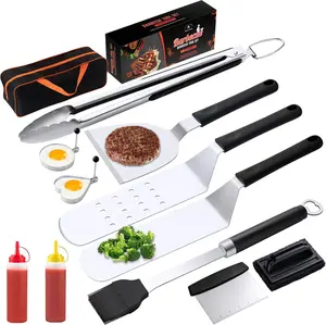 Griddle Accessries Kit, 12Pcs Stainless Steel Metal Spatula Set, Grill BBQ Spatula Utensils Set with Storage Bag, Professional Grill Spatula Set for Men Women Outdoor BBQ & Camping ABS Handle