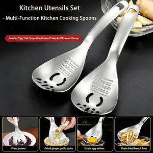 Multifunctional Stainless Steel Grinding Spoon, Garlic Masher, Potato Ricer, Baby Food Strainer, Kitchen Gadget for Mashing & Draining