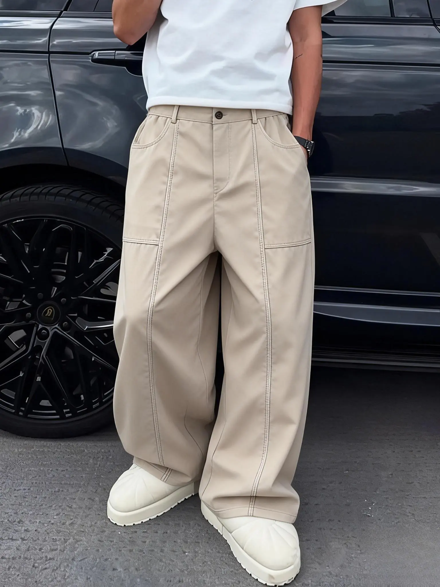 Men's Casual Wide Leg Pants, Beige Woven Streetwear Trousers with Panel Stitching and Mid-Waist Fit for Work, Chunky