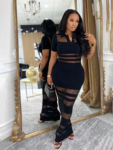 1 piece women's summer knit dress, colorblock polo neck fitted skirt, high waist bodycon slimming dress, breathable fabric for casual style