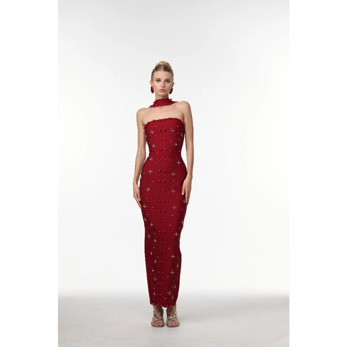 BELLA BARNETT Women's Nesya Sleeveless Pearl Wine Bandage Maxi Dress, Fit for Ladies, Stylish Casual Dresses, Lady, Casual Wear, Bandage Dress