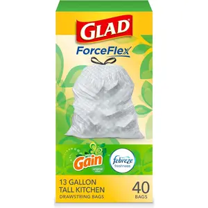 Glad Trash Bags, ForceFlex Tall Kitchen Drawstring Garbage Bags\u201A 13 Gallon White Trash Bag, Gain Original scent with Febreze Freshness\u201A 40 Count (Package May Vary)