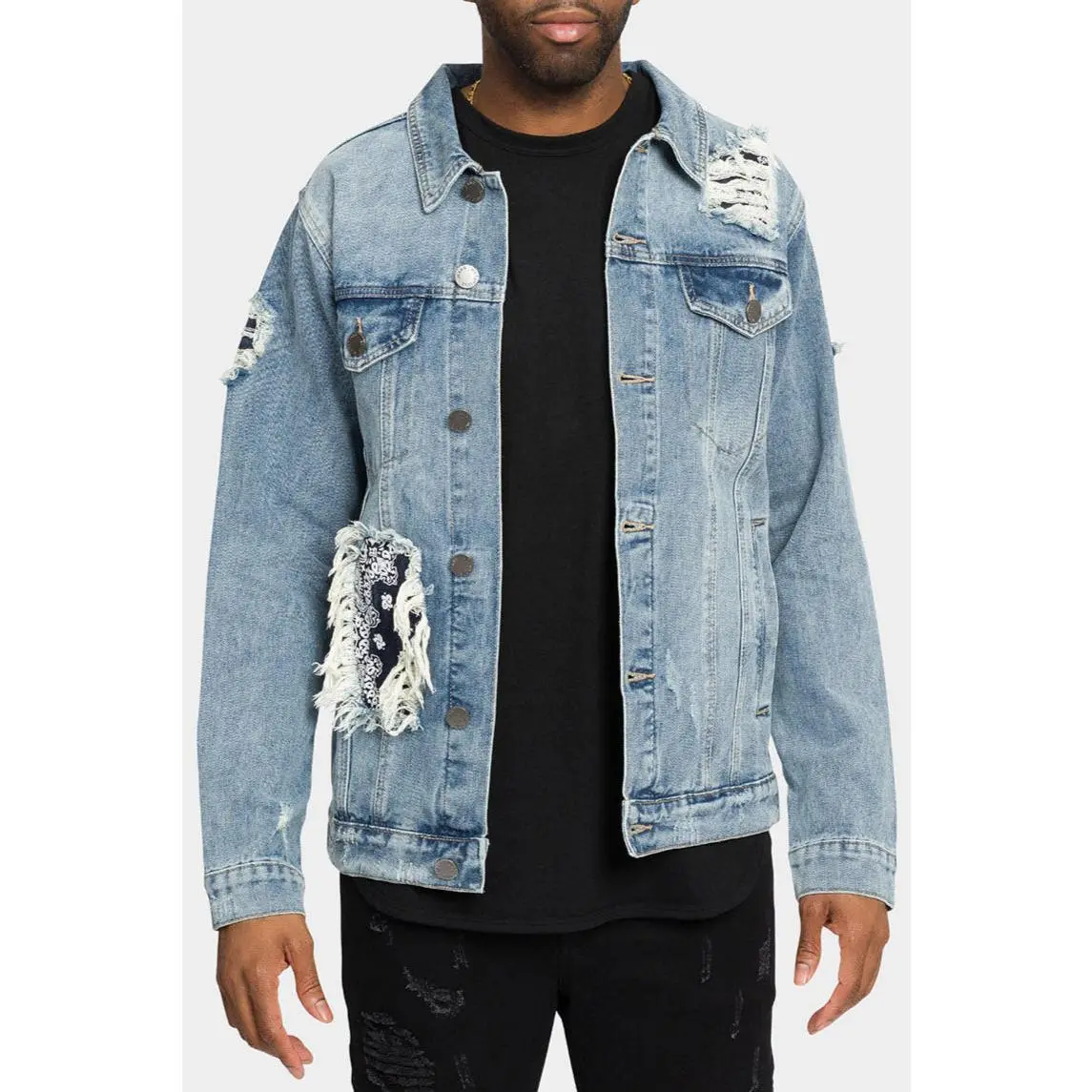 Distressed Bandana Paisley Patched Denim Jacket