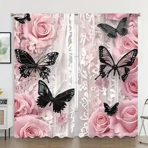 A set of two pieces, pink romantic rose butterfly, lace pattern texture, digital printing thin filter privacy curtain, pocket pole installation, polyester material, suitable for living room, bedroom, dining room, home decoration, etc, Window Curtain