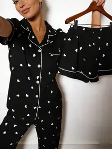 Women's Sleepwear Three-Piece Set, Short Sleeves + Shorts + Long Pants, Base Heart Full Print, Casual All Seasons Home Wear
