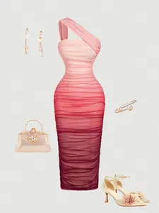 1 Spring Summer Ombre Gradient One Shoulder Midi Dress Women | Ruched Mesh Bodycon Slim Fit | Elegant Sexy Coquette Style for Wedding Guest Cocktail Party Date Night