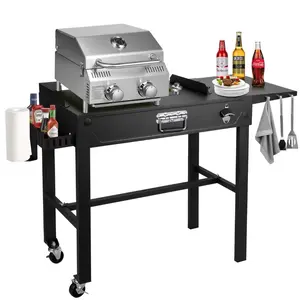 Bestfire All-in-One Outdoor Grill Station with Built-in 2 Burners- Dual Connections Propane Grill | Portable Stainless Steel Table with Storage, Hooks & Lockable Wheels for Backyard, Camping & Tailgating Gas