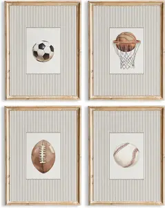 5D Full Drill Diamond Painting Set, 4-Piece Neutral Sports Ball Art, Soccer, Basketball & Baseball DIY Wall Decor