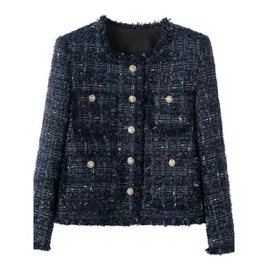 Elegant New Designer Fringed Tweed Jacket, Stylish Contrast Color Fashion Outerwear, Sophisticated Look for Chic Ladies