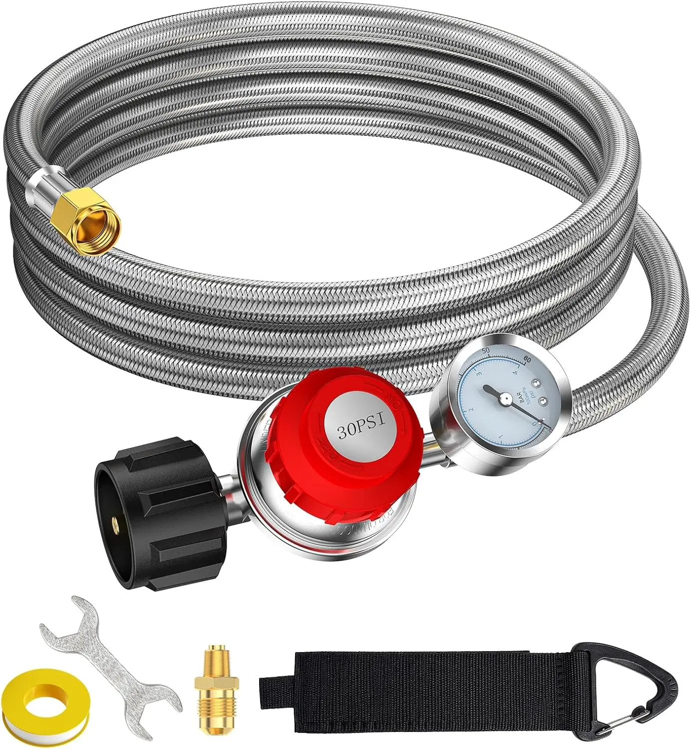 10FT 0-30 PSI Adjustable High Pressure Propane Regulator with Gauge,Stainless Propane Hose with Regulator QCC1 with 3/8 Flare x 1/8 MNPT Fits for LP Gas Cooker, Burner, Turkey Fryer, Smoker
