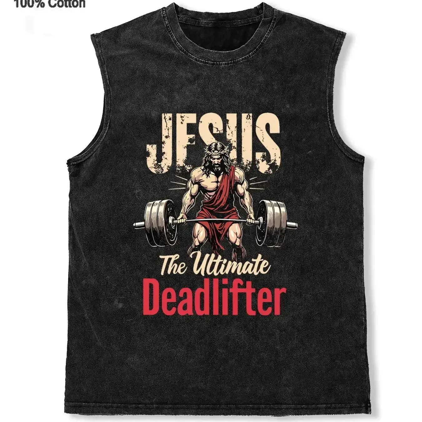 Unisex Christian Ring-Spun Heavyweight Cotton Acid Wash Sleeveless Muscle Tee - Jesus The Ultimate Deadlifter Vintage Graphic Gym Workout Faith-Based Bodybuilding Tank Top, Ring-Spun Cotton, Ripped, Retro