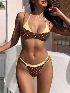 KULANI Women's Retro Polka Dot Bikini, Sexy Bikini In Light Blue, Brown Polka Dot, Asymmetric A-Line Waist Sleeveless Short Bikini, Suitable For Winter, Outings, Birthday, Leisure, Millennium, Western Style, Club, Beach Swimwear Vacation