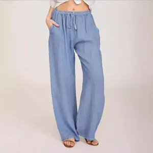 Women’s Summer Drawstring Waist Wide-Leg Loose Cotton Linen Palazzo Pants