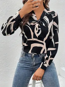 One women's multi-color geometric pattern printed collared shirt Blouse with long sleeves, suitable for both casual and professional wear, ideal for daily office outfits.