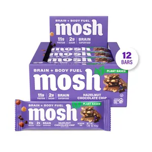 MOSH Hazelnut Chocolate Chip Protein Bars - 12 Bars, Good Source of Plant-Based Protein, Lower Sugar, High Fiber, Keto-Friendly, Gluten Free, 6+ Brain Nutrients including Cognizin, Mission Focused and Gives Back