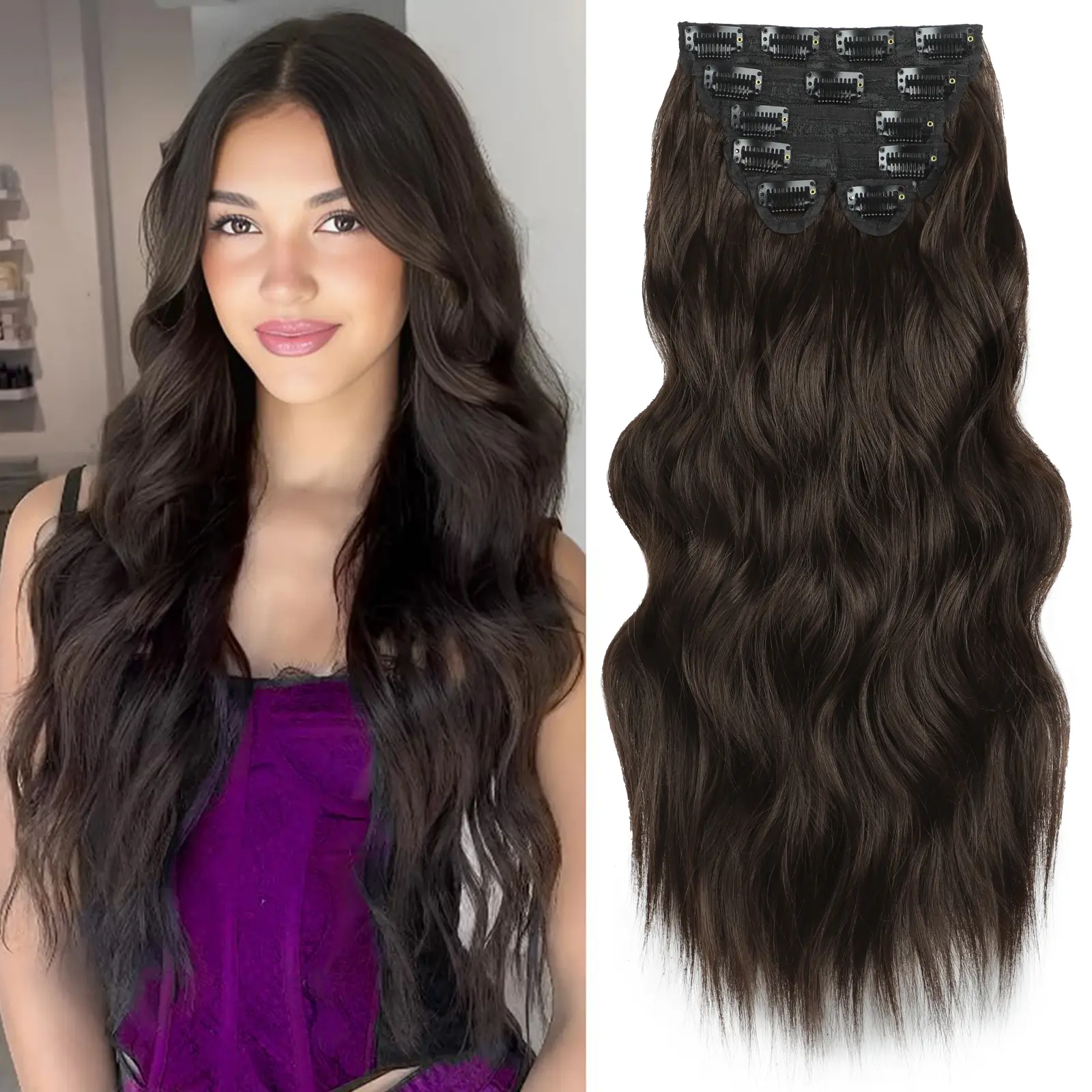 Vigorous Women's Long Wavy Synthetic Clip-in Hair Extensions - Easy-to-Wear DIY Synthetic Fiber Extensions for Daily Use & Event Parties, Diy Hair Extensions