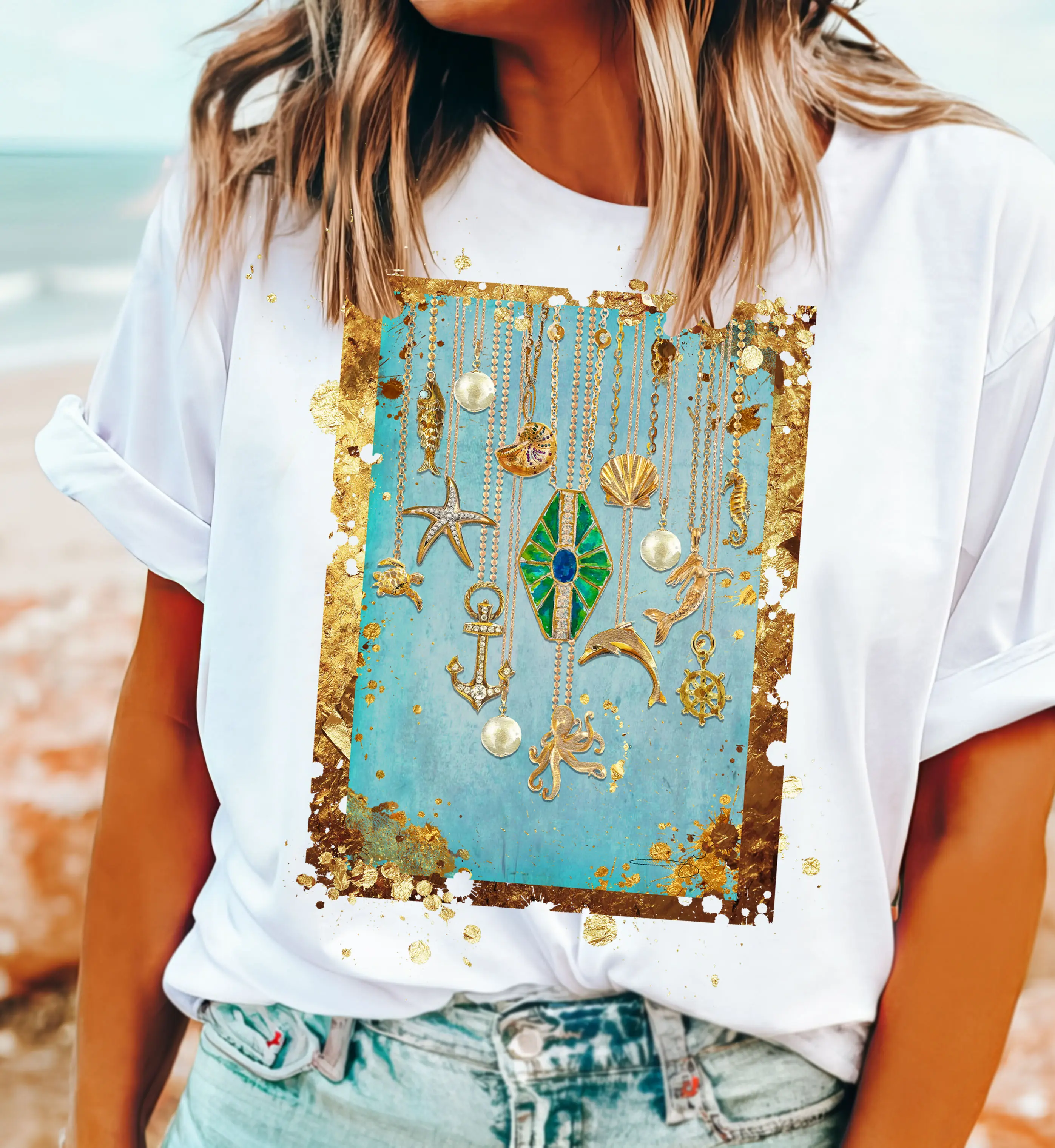 ByJodiPedri Under the Sea Made-To-Order Tee Top Womenswear Tshirt Summer Streetwear Comfort Casual Comfortable Print Style Sweatshirt Unisex White Crewneck Crystal