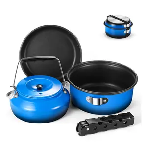 5pcs Camping Cookware Non-Stick Camping Pot and Pan Set with Kettle and Removable Handle for Hiking Backpacking and Picnic