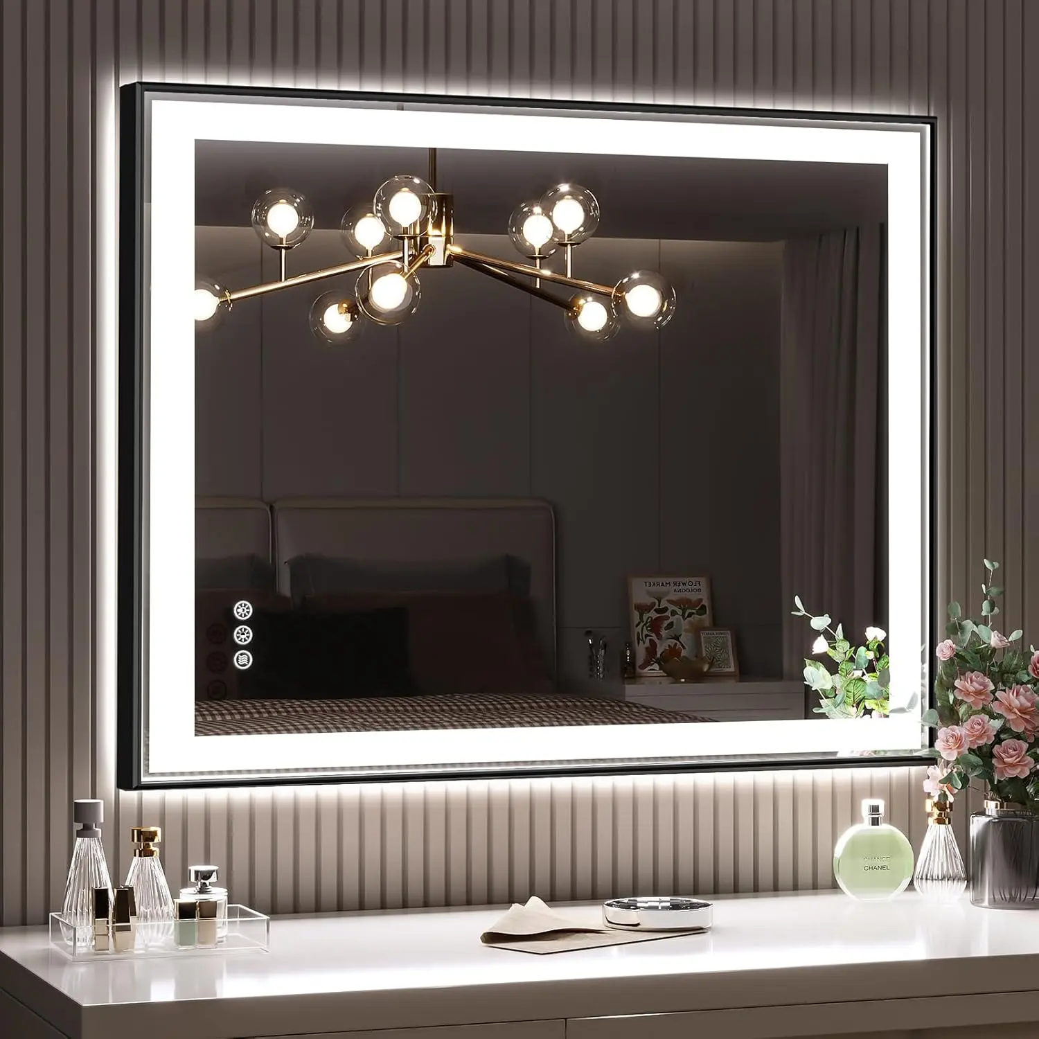 LED Bathroom Mirror, 28“x36“ Lighted Bathroom Mirror with Black Framed, Front Lit LED Mirror for Bathroom, 3 Colors Dimmable, Anti-Fog, Memory, Wall Mounted Lighted Vanity Mirror