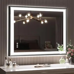LED Bathroom Mirror, 28“x36“ Lighted Bathroom Mirror with Black Framed, Front Lit LED Mirror for Bathroom, 3 Colors Dimmable, Anti-Fog, Memory, Wall Mounted Lighted Vanity Mirror