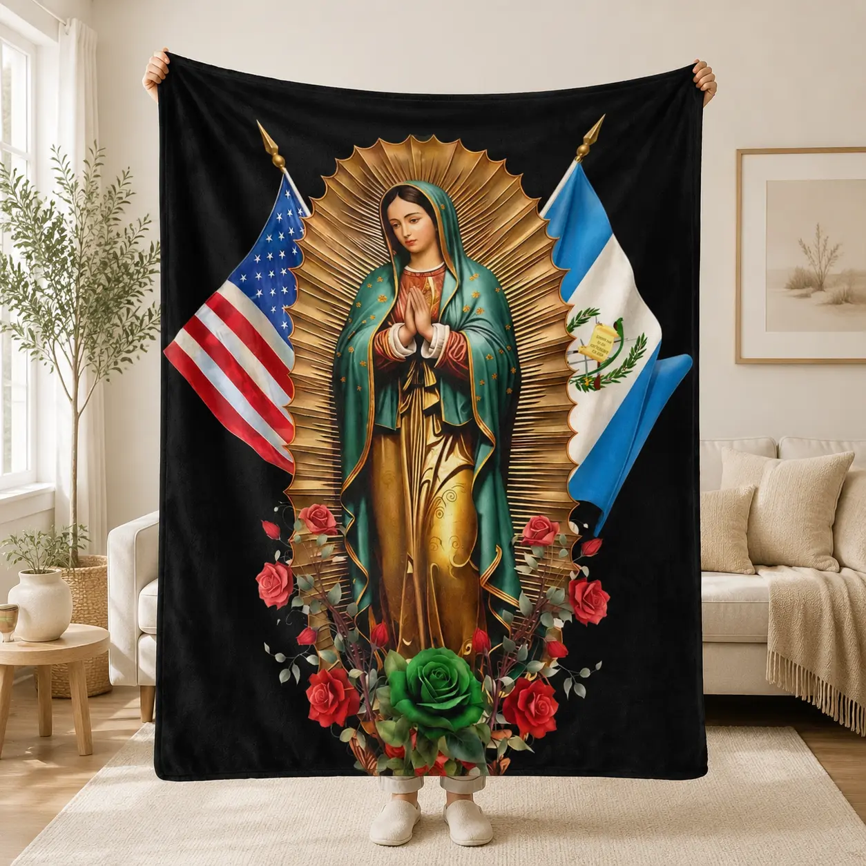 Virgin Mary Our Lady of Guadalupe Flannel Fleece Blanket, Religious Catholic Throw Blanket, Ultra Soft Cozy Plush Bed Sofa Blanket, Rose Floral Faith Home Decor Gift