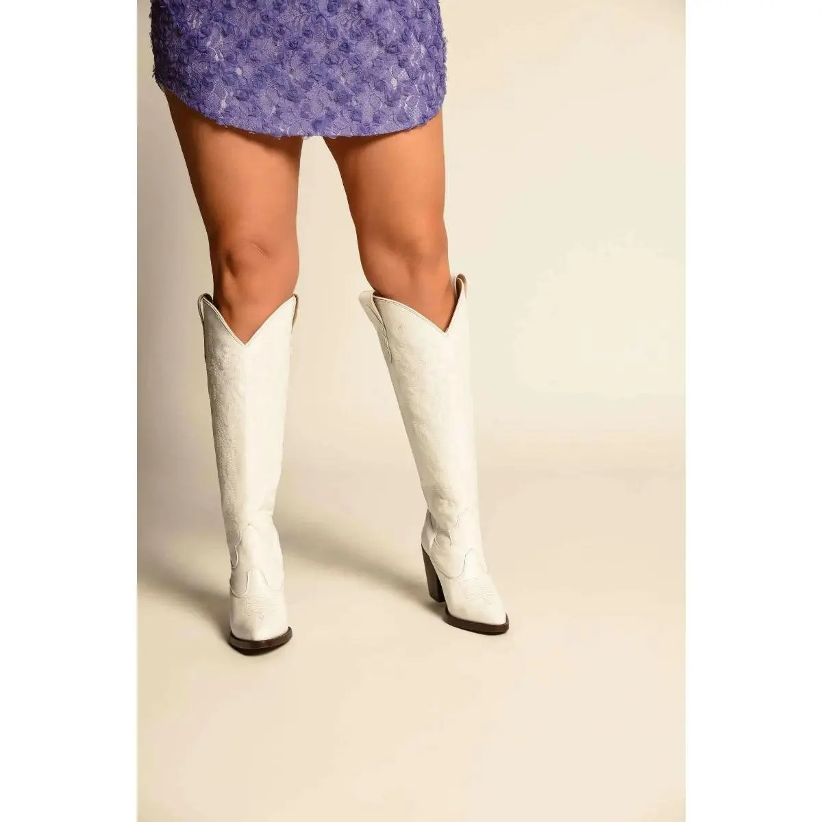 Fontleroy Aspen | Luxury Wide Calf Western Boot | 18" Shaft Real Leather | Pull-On Ivory Knee-High Boots