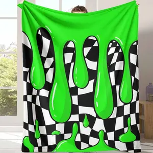 Green Slime Checkerboard Flannel Blanket， Abstract Dripping Pattern Aesthetic Print， Soft Cozy Lightweight Warm Reversible Throw， Perfect for Sofa Bedroom Living Room Dorm Home Decor Gift
