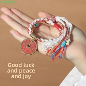 Mountain Spirit Coin Amulet Bracelet Handmade Adjustable Braided Cord Feng Shui Protection Pendant Chinese Spiritual Elements for Daily Luck Quantum Energy Infused