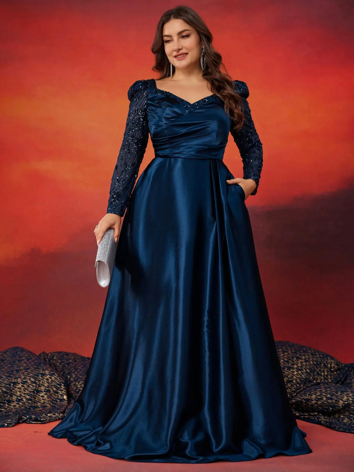【Plus Size】 Glitter Sequins Evening Dress Formal Wear, Glam Gown, Elegant Classy Flattering Long Sleeve V Neck Maxi Dress for Party & Banquet, Evening Sequin Details, Women's Clothes for Spring & Fall, Womenswear