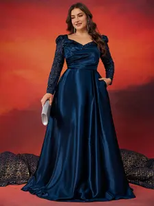 【Plus Size】 Glitter Sequins Evening Dress Formal Wear, Elegant Classy Flattering Long Sleeve V Neck Maxi Dress for Party & Banquet, Women's Clothes for Spring & Fall, Womenswear