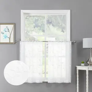 Tollpiz White Leaf Sheer Tier Curtains Leaves Embroidered Kitchen Short Curtain Rod Pocket Voile Bathroom Curtains for Cafe, 30 x 24 inches Long, Set of 2 Panels
